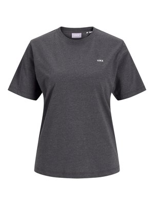T-shirt gris foncé à manches courtes en un mélange de coton doux, avec un col rond et un petit logo sur le côté gauche de la poitrine.