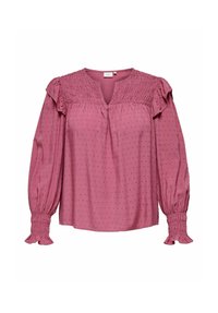 Bluzka z długim rękawem w kolorze mauve z teksturowanymi kropeczkami, karczkiem i mankietami w marszczeniach oraz delikatnymi falbankami na ramionach i rękawach.