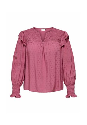 Mauve bluza z dolgimi rokavi z teksturiranimi pikami, nabranimi ramenskimi in zapenjalnimi deli ter mehkimi ruffled detajli na ramenih in rokavih.