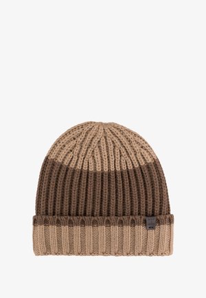 Gebreid mutsje in beige en bruine tinten, met ribbelstructuur, een omgeslagen rand en een klein stoffen logolabel.