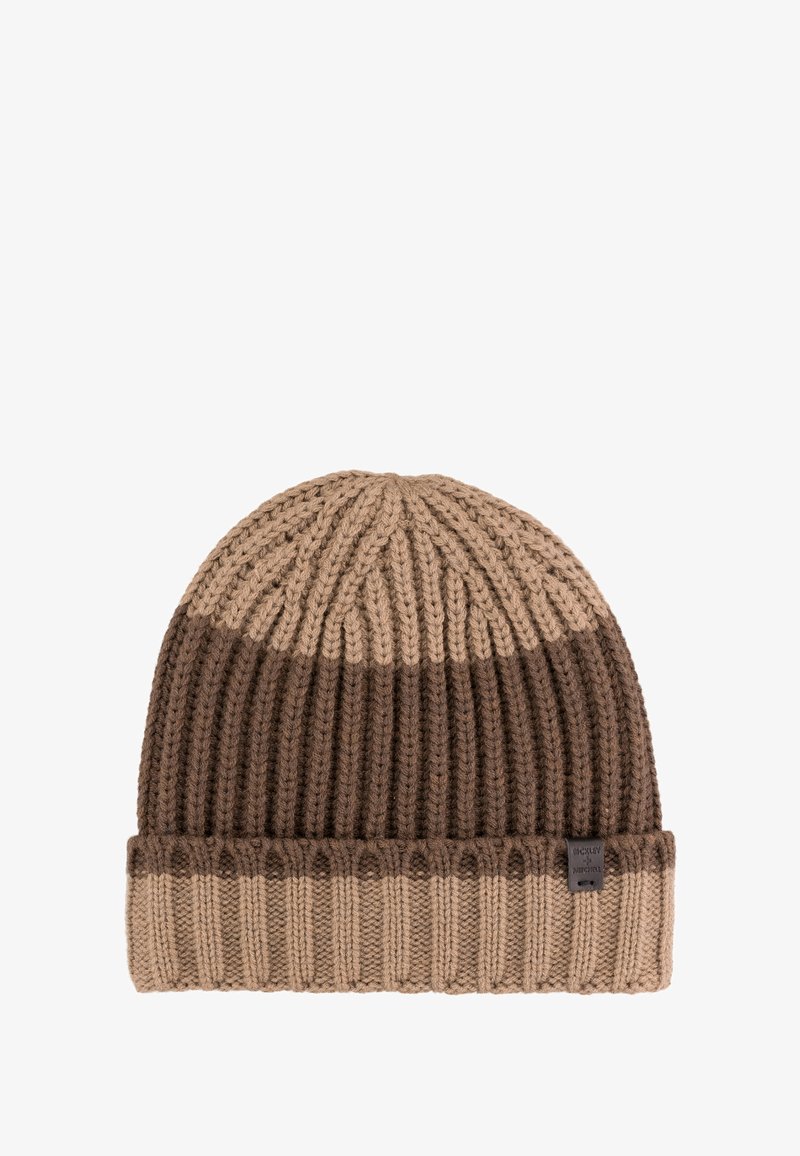 Gebreid mutsje in beige en bruine tinten, met ribbelstructuur, een omgeslagen rand en een klein stoffen logolabel.