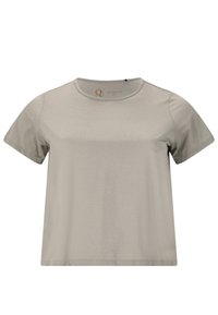 Ljust grå t-shirt med korta ärmar och rund halsringning, tillverkad av mjukt tyg; har en subtil textur och en märkesetikett invändigt.