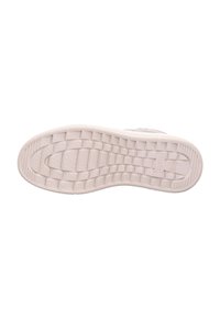 Semelle de chaussure avec une surface en caoutchouc texturé, présentant un motif en grille pour une meilleure adhérence. La couleur est beige clair avec un détail de marque en relief.