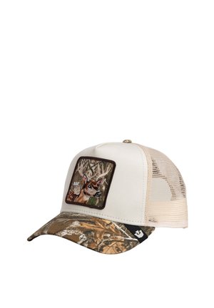 Beige verkkotakainen lippalakki, jossa on maastokuvioinen lippa ja aplikaatio, jossa on yksityiskohtainen hirvenpään kuva sarvineen ja metsätaustoineen.