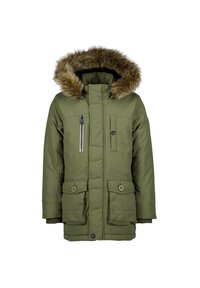 Zelená parka s kapucí podšitou kožešinou, se zipem a knoflíkovými uzávěry, dvěma bočními kapsami a žebrovanými manžetami. Hladký povrch a vycpaná konstrukce.