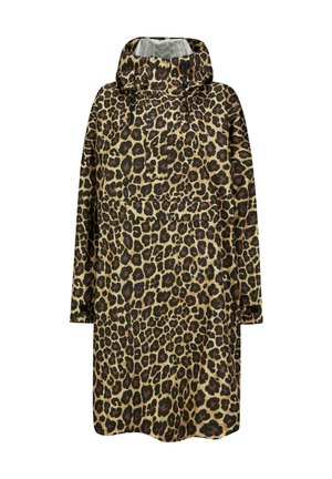 Long-sleeve raincoat with leopard print, front pouch pocket, high collar, and adjustable hood with black drawstrings.