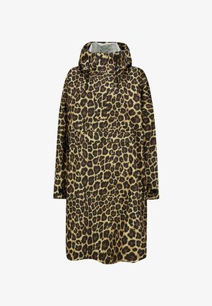 Long-sleeve raincoat with leopard print, front pouch pocket, high collar, and adjustable hood with black drawstrings.