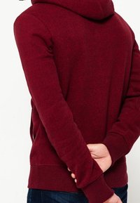 Sudadera con capucha color burdeos, con tejido texturizado, puños y dobladillo acanalados. Muestra vista trasera con las manos entrelazadas detrás.