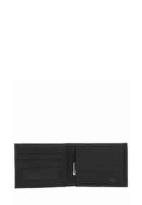 Black bi-fold wallet with multiple card slots, a clear ID window, and a compartment for cash. Smooth texture, minimalistic design.
