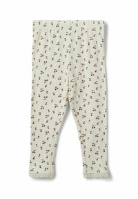 Puuvillatrikoot, joissa on kermaharmaa pohja ja pieni punainen kirsikkakuosi. Hameen helma on viimeistelty pitsireunalla. Pehmeä ja joustava kangas.