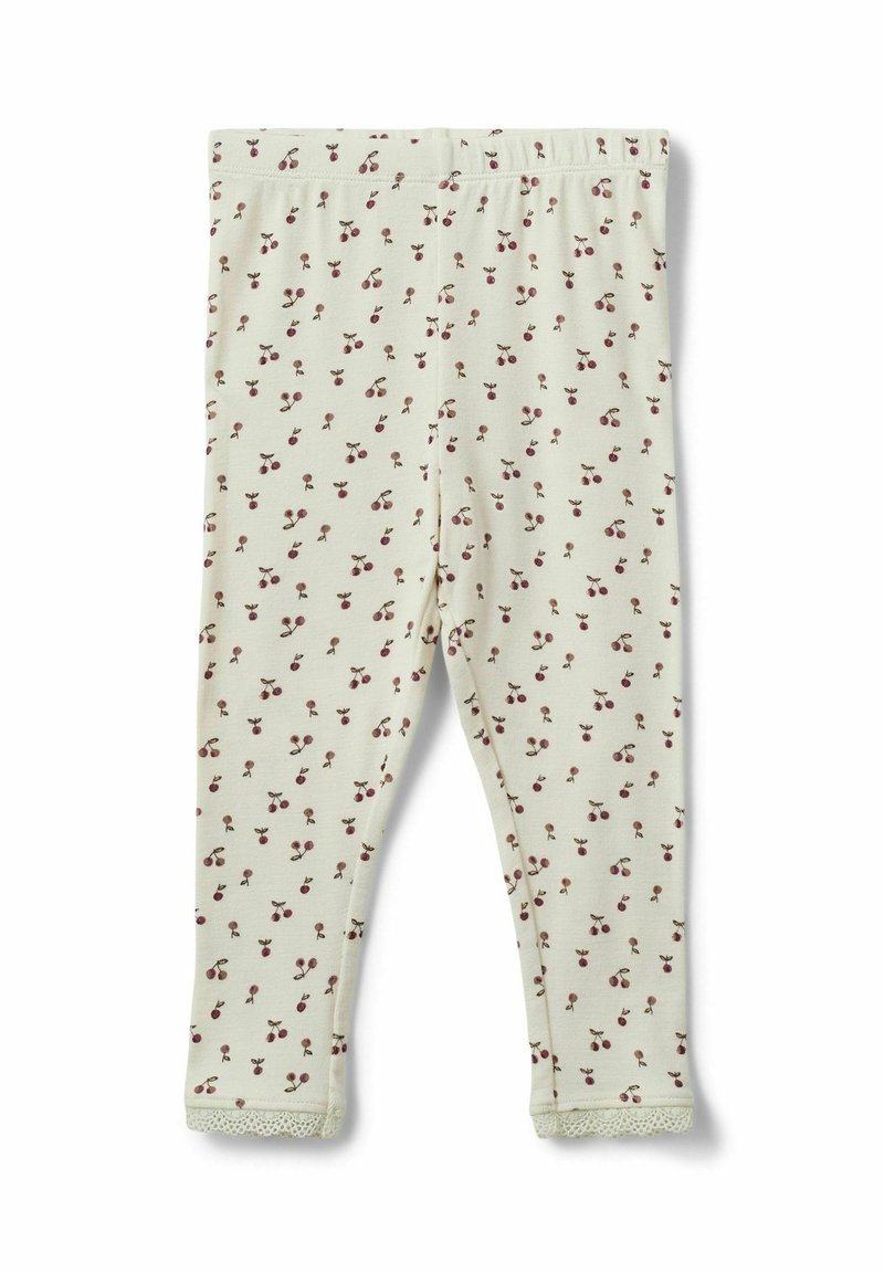 Puuvillatrikoot, joissa on kermaharmaa pohja ja pieni punainen kirsikkakuosi. Hameen helma on viimeistelty pitsireunalla. Pehmeä ja joustava kangas.