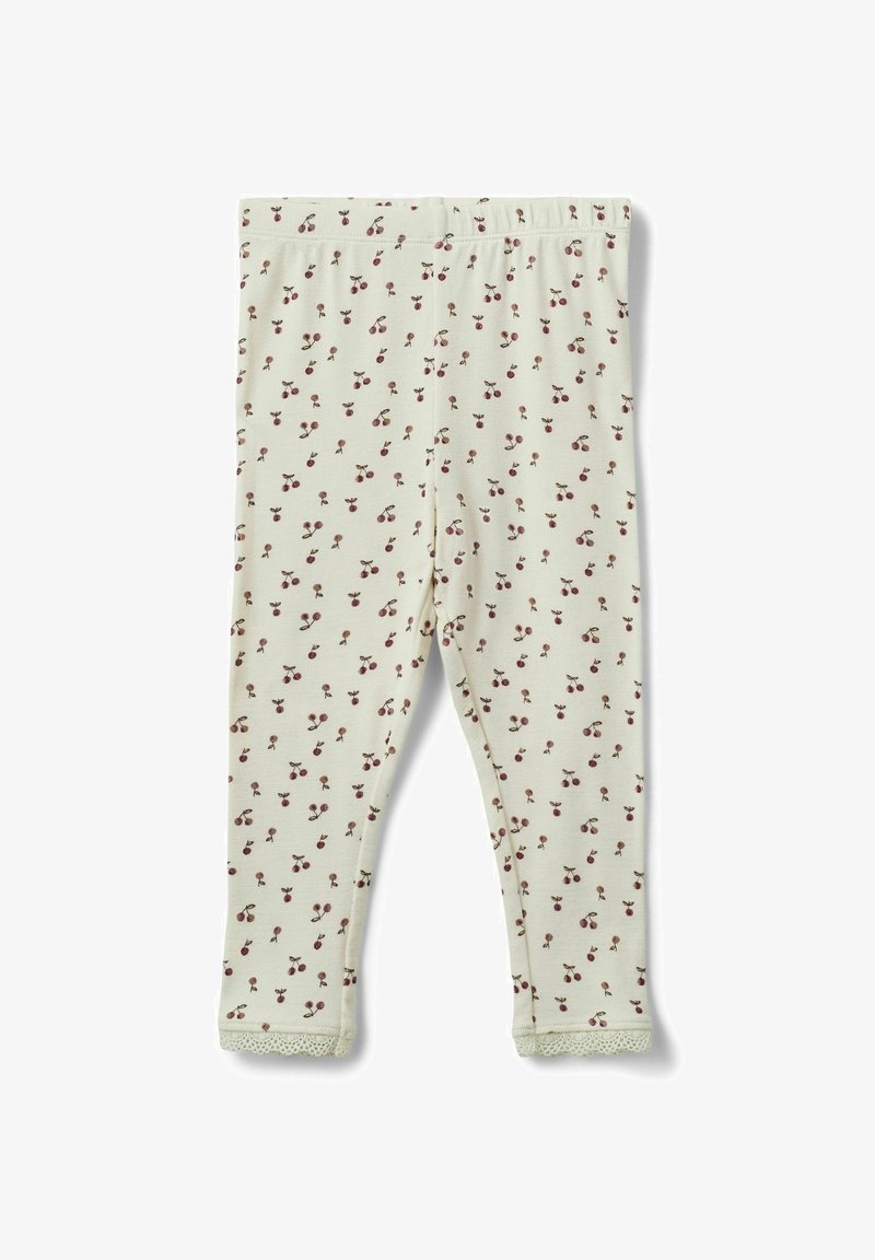 Puuvillatrikoot, joissa on kermaharmaa pohja ja pieni punainen kirsikkakuosi. Hameen helma on viimeistelty pitsireunalla. Pehmeä ja joustava kangas.