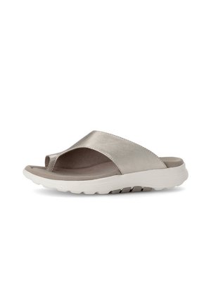 Open-toe sandal with a metallic silver strap, cushioned insole, and a white rubber outsole featuring textured grooves for grip.