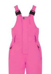 Pantalons de neige imperméables roses avec des bretelles noires réglables, deux poches zippées et une fermeture à bouton à l'avant pour un ajustement sécurisé.