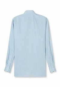 Hellblaues Langarmhemd mit dünnen, vertikalen weißen Streifen. Es verfügt über einen klassischen Kragen und geknöpfte Manschetten und besteht aus einem glatten Stoff.