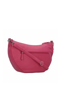 Borsa a spalla in pelle rosa con superficie texture, forma curva, tracolla regolabile e tasca frontale con zip.