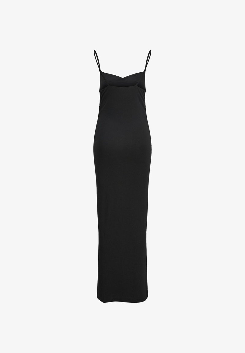 Robe maxi noire en tissu extensible. Dotée de bretelles fines et ajustables, d'une silhouette moulante et d'une coupe longue jusqu'au sol.