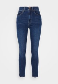 High-waisted blue denim jeans with a slim fit, featuring four pockets, button fly, and subtle fading on the fabric for texture.