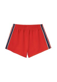 Červené sportovní šortky s elastickým pasem a třemi bočními proužky v modré, oranžové a světle modré barvě. Měkká látka, klasický střih.