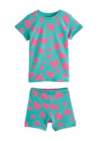 Set di pigiama a maniche corte in teal con motivi a cuore rosa; include una maglietta e pantaloni corti abbinati, realizzati in morbido cotone.