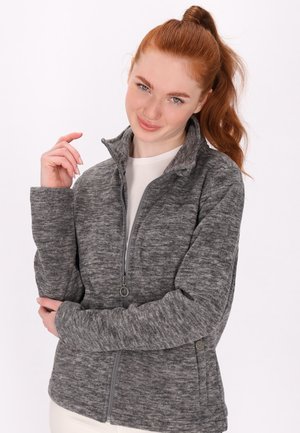 Harmaa fleece-takki, jossa on korkea kaulus, täysipitkä vetoketju ja pitkät hihat. Ominaisuuksina pehmeä rakenne ja hienovarainen heather-kuvio.