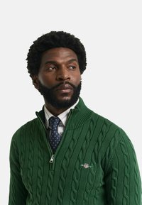 Grüner Strickpullover mit hohem Kragen, Reißverschluss und Logo auf der linken Brust. Kombiniert mit einem weißen Hemd mit Kragen und einer gemusterten Krawatte.