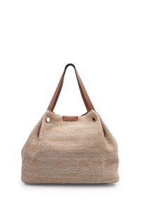 Vævet beige tote taske med brune læderdetaljer, dobbelte skulderremme, cirkulære øjer og en blød, tekstureret overflade.