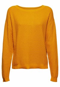 Pull en tricot jaune moutarde avec motif nid d’abeille texturé, manches longues et col, poignets, et ourlet côtelés.