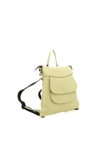 Zaino in pelle verde chiaro con tasca frontale con patta, maniglia superiore, spallacci neri regolabili e chiusura con cerniera. Superficie strutturata.