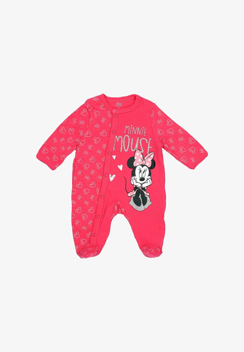 Rotes Einteiler-Overall mit einem bedruckten Minnie-Maus-Design, silberner Schrift und einem Muster aus kleinen Mickey-Maus-Formen an den Ärmeln. Druckknopfverschluss.