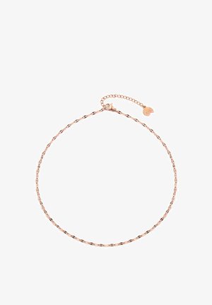 Kette aus Roségold mit einem gedrehten Design, ausgestattet mit einem Karabinerverschluss und einer verstellbaren Verlängerungskette mit einem kleinen Anhänger.