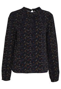 Blusa a maniche lunghe in tessuto nero con motivo floreale in rosso, blu e giallo. Presenta un dettaglio a chiave nel collo e un giogo arricciato.