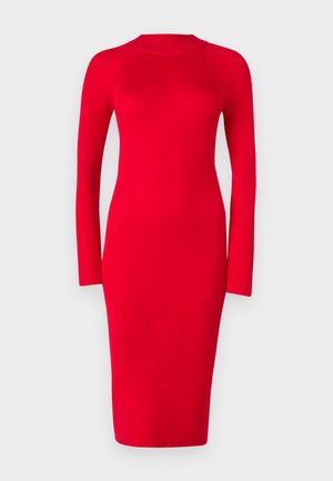 Rotes, geripptes, langärmliges Kleid mit Stehkragen, figurbetonter Silhouette und Midi-Länge; zeichnet sich durch Struktur und leichten Stretch aus.