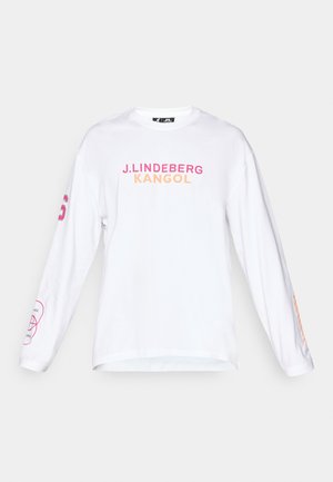 White long-sleeve shirt featuring "J. LINDEBERG KANGOL" text in pink and orange. Left sleeve has pink graphic detail. Cotton material.