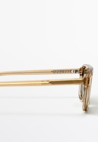 Transparent beige acetatbåge för glasögon med guldfärgade metalldetaljer, med en minimalistisk design och slanka skalmar.