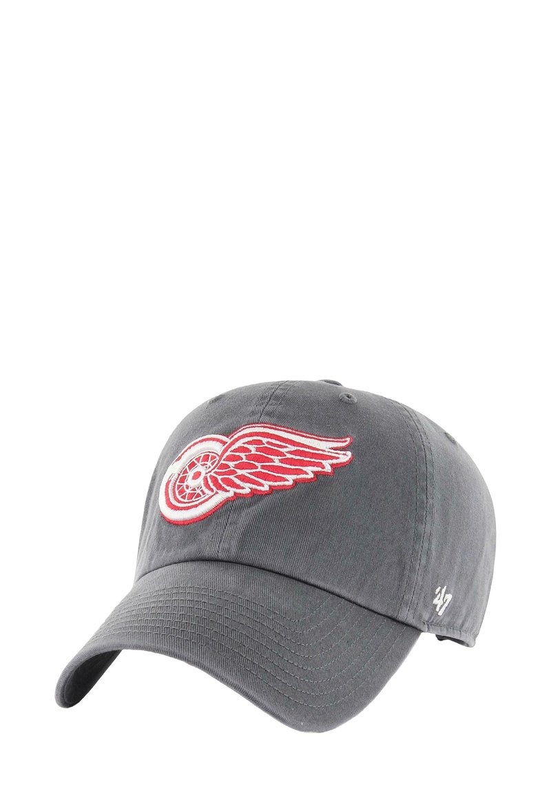 Gray baseball cap with red and white winged wheel logo embroidered on front and small white '47' logo on side.