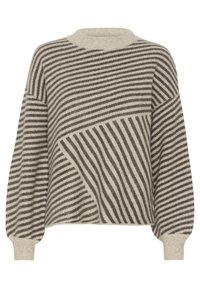 Beżowy i ciemnobrązowy sweter w pasy z mieszanymi wzorami diagonalnymi i poziomymi, z długimi rękawami, ściągaczami na mankietach oraz okrągłym dekoltem.