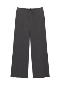 Vidjebyxor i mörkgrått, med en texturerad ribbad tyg, elastisk midjeband med justerbar dragsko och utan synliga fickor.