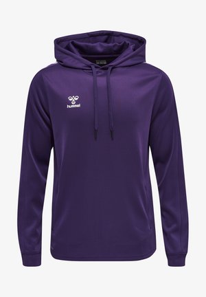 Paarse capuchontrui van gladde, lichte stof met een logo aan de voorkant, een trekkoordkap en lange mouwen.