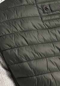 Groene puffervest met een gequiltde textuur, voorzien van een klein logo-label en zwarte hardware-accenten. Glad, lichtgewicht stof.