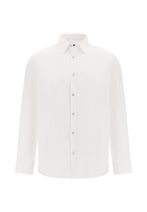 Weißes Langarmhemd aus glattem Stoff, mit einem Knopfverschluss und klassischem Kragen sowie kleinen, transparenten Knöpfen.