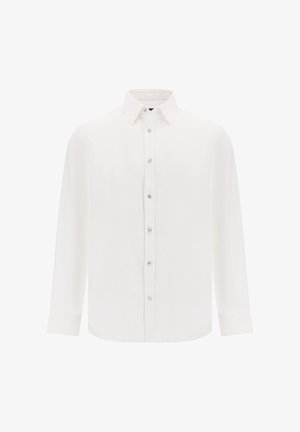 Weißes Langarmhemd aus glattem Stoff, mit einem Knopfverschluss und klassischem Kragen sowie kleinen, transparenten Knöpfen.
