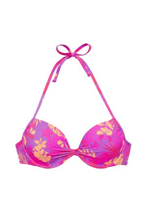 Pink and purple floral halter neck bikini top with molded cups and a tied bow at the neck.