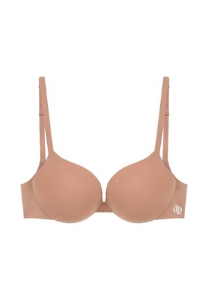 Reggiseno push-up beige imbottito con texture liscia, spalline regolabili e dettaglio del logo sul lato. Forma del coppa bilanciata e arrotondata.