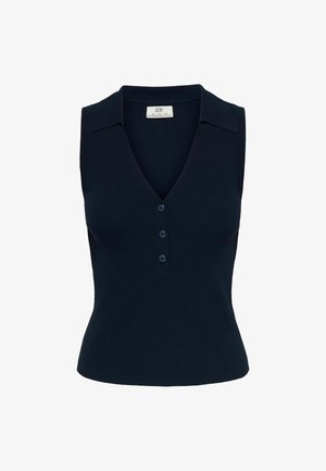 Haut sans manches bleu marine avec une texture côtelée, un col en V et une patte de boutonnage à trois boutons. Présente un design à col avec des accents structurés aux épaules.