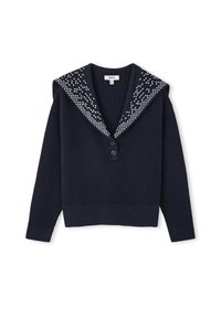 Maglione blu navy con texture a costine, caratterizzato da un ampio colletto a motivi con pois bianchi e chiusura a tre bottoni. Design cropped.