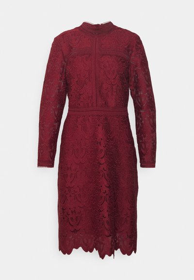 Robe en dentelle bordeaux avec des manches longues, un col montant, un ourlet festonné et des motifs floraux sur l'ensemble. Silhouette texturée et ajustée.