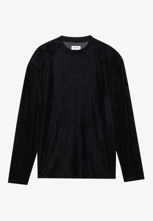 Black long-sleeve shirt made of soft velvet with a smooth texture, round neckline, and relaxed fit. No patterns or visible hardware.
