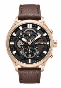 Orologio da polso da uomo Police con cinturino in pelle marrone, cassa in oro rosa, quadrante nero testurizzato e più sottodial, incluso data e secondi.