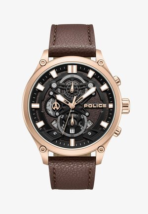 Herren Polizeiuhr mit braunem Lederarmband, Gehäuse aus Roségold, schwarzem strukturiertem Zifferblatt und mehreren Unterzifferblättern, einschließlich Datum und Sekunden.